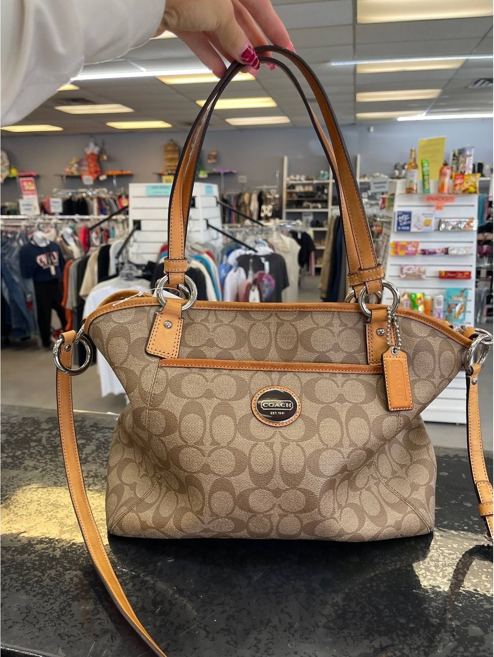 Coach Signature Canvas Shoulder Bag with Leather Trim